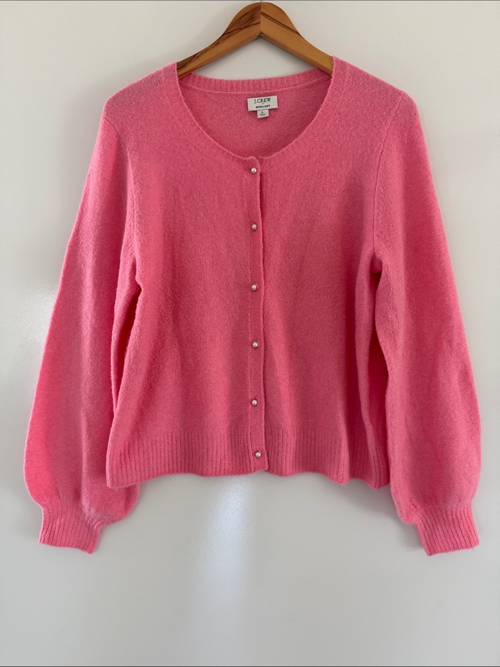 J CREW BUBBLEGUM PINK PUFF SLEEVE CARDIGAN SWEATER EXTRA SOFT YARN Large